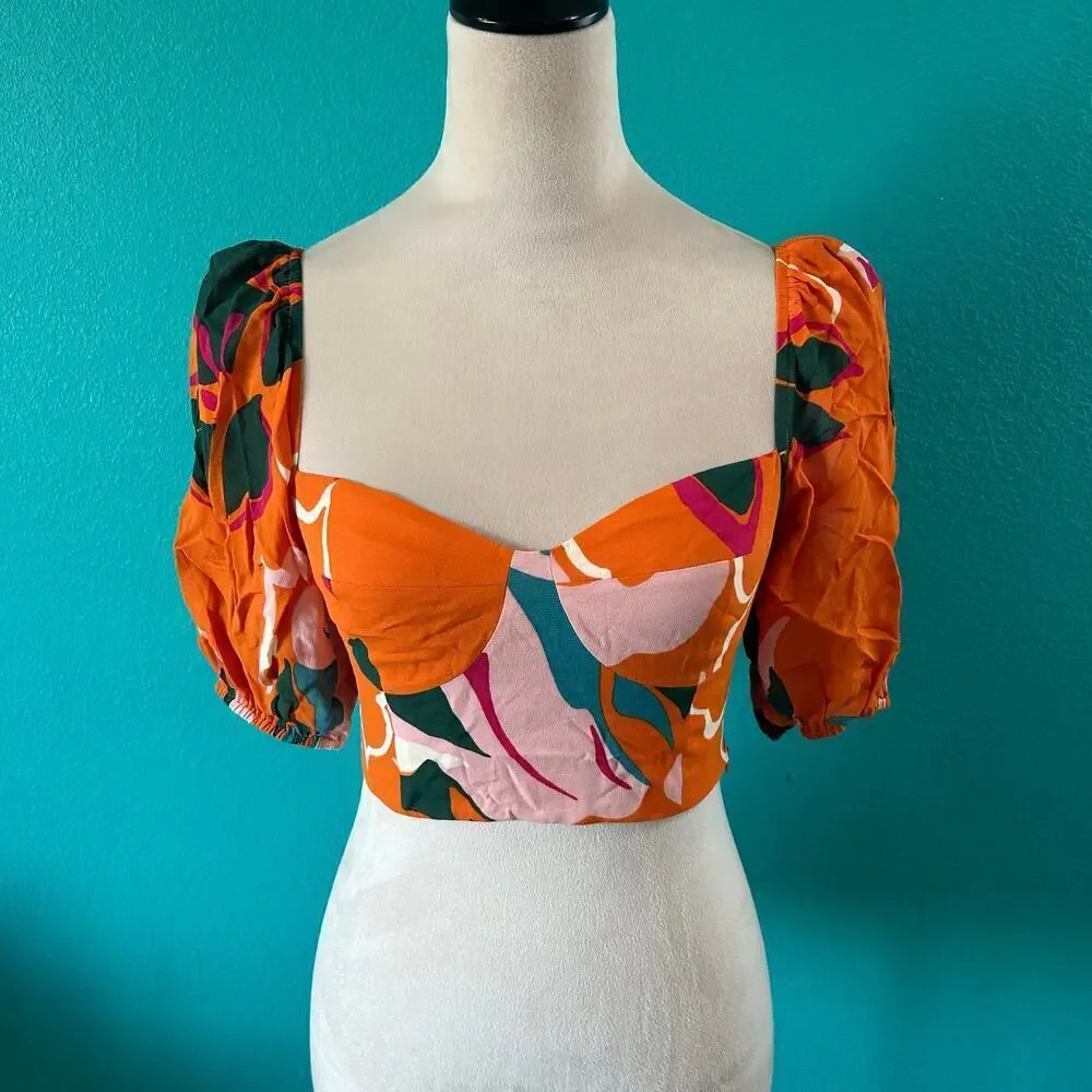Reformation Orange Tropical Print Cropped Tank Puff Sleeve Beachy Womens Size 4
